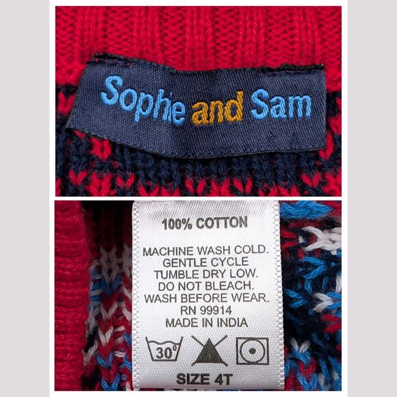 Sophie and Sam Boys 4T Fair Isle Sweater 100% Cotton Red Blue Crew Neck Pullover - Picture 2 of 8